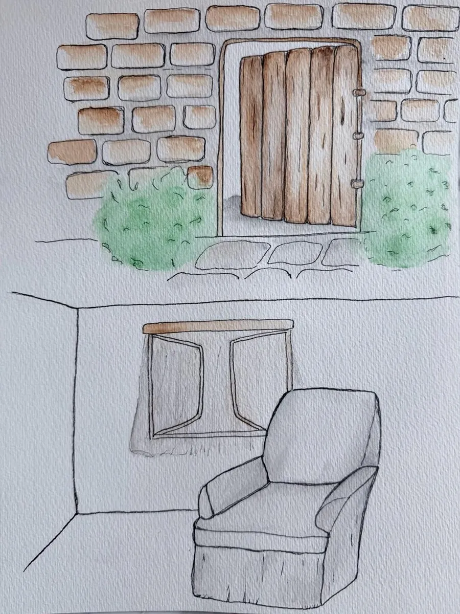A watercolor and ink drawing on one sheet: a wooden cottage door in a stone wall with a green bush on each side, and below it a room with a window and an armchair